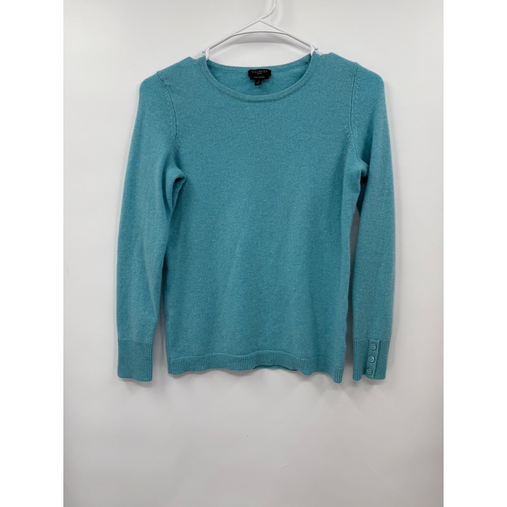Talbots Petite P Cashmere Sweater Womens Turquoise Blue Button Cuff Pullover